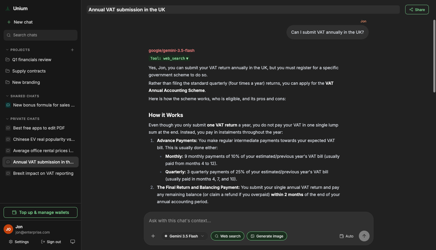 The Drephos web app answering a question with Gemini and web search inside a business workspace