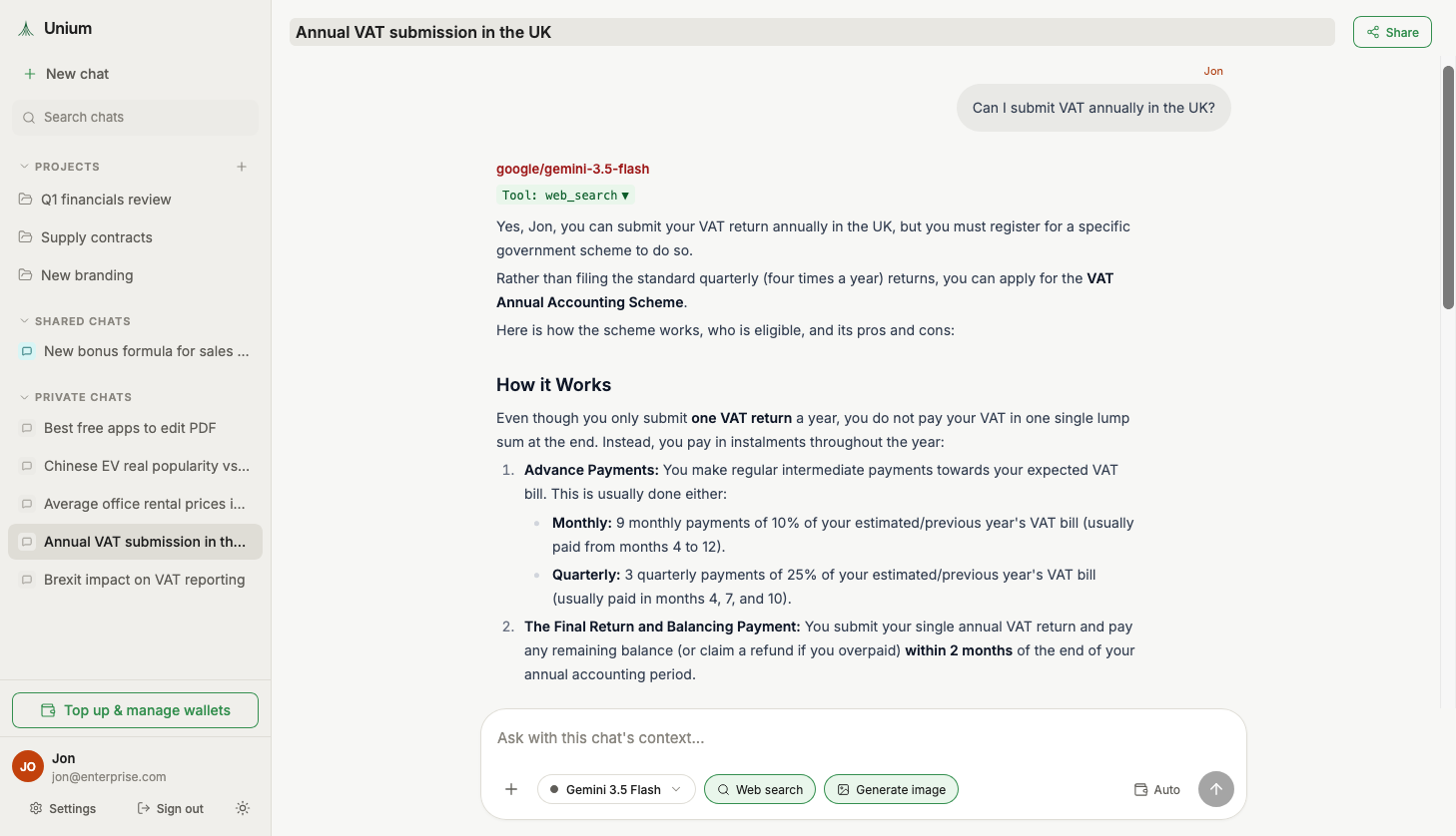 The Drephos web app answering a question with Gemini and web search inside a business workspace
