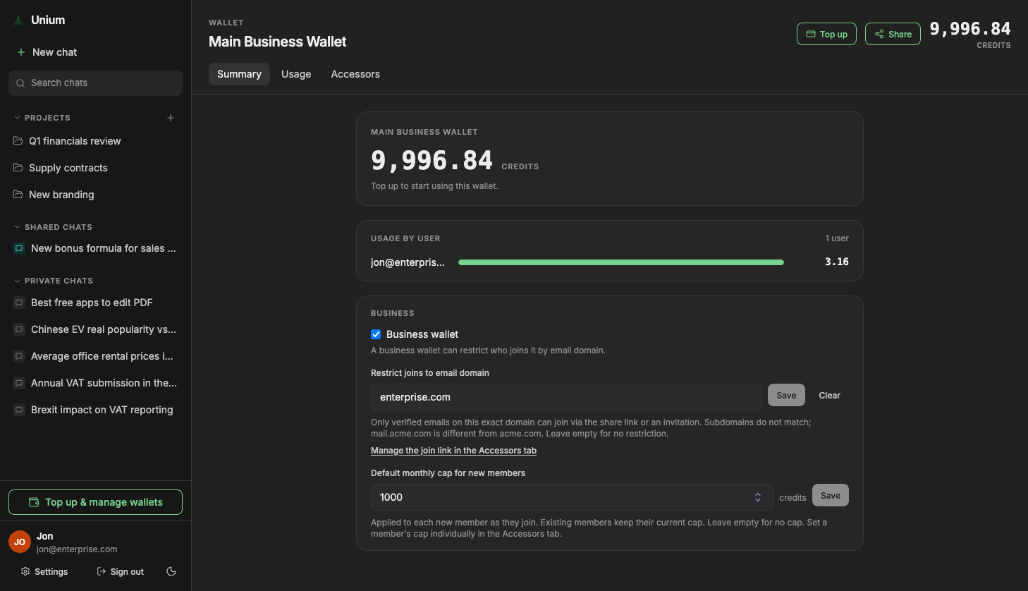 Drephos business wallet settings with balance, email-domain restriction, and monthly member cap