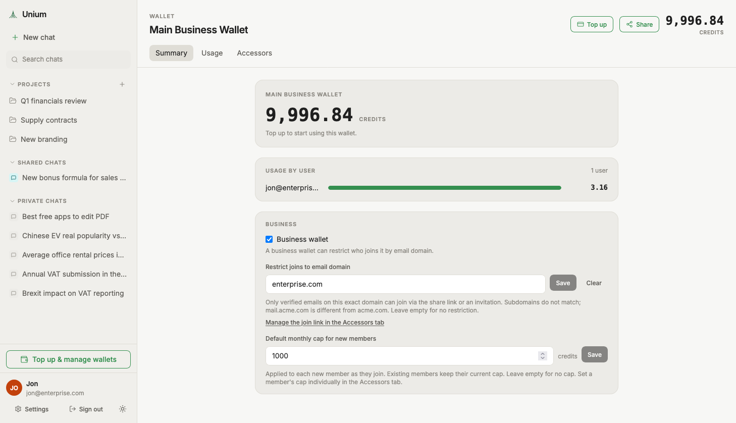 Drephos business wallet settings with balance, email-domain restriction, and monthly member cap