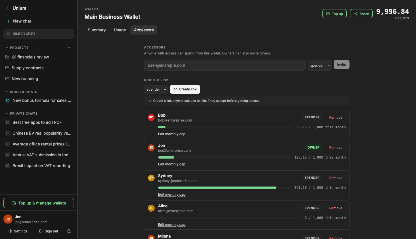 A shared Drephos business wallet listing each member with their monthly cap and usage