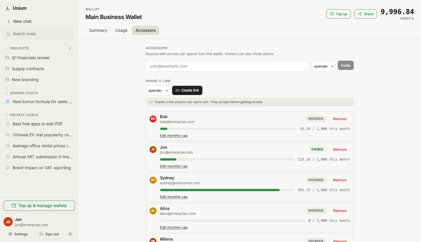 A shared Drephos business wallet listing each member with their monthly cap and usage